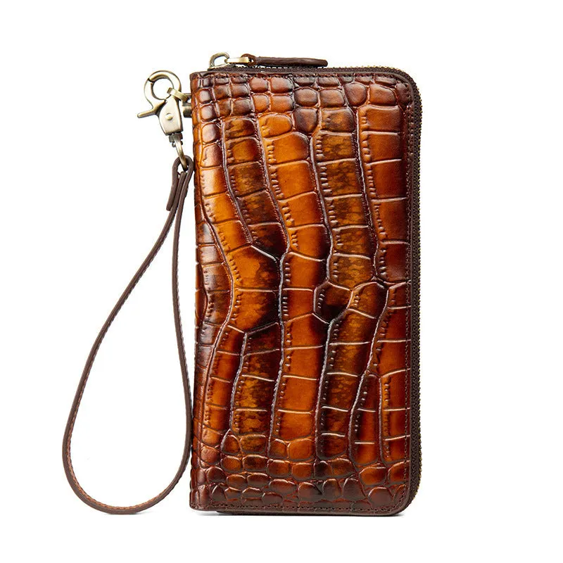 Crocodile Pattern Yellow&Red Leather Wristlet Wallet Womens Zip Around Wallets CONTRAST COLOR Ladies Zipper Clutch Wallets for Women