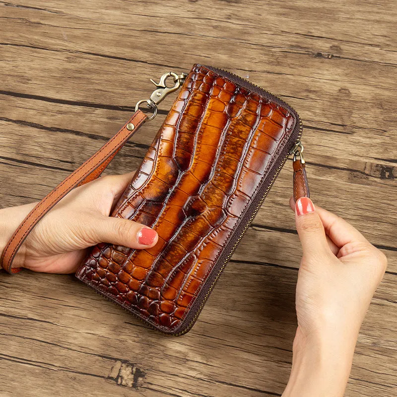 Crocodile Pattern Yellow&Red Leather Wristlet Wallet Womens Zip Around Wallets CONTRAST COLOR Ladies Zipper Clutch Wallets for Women