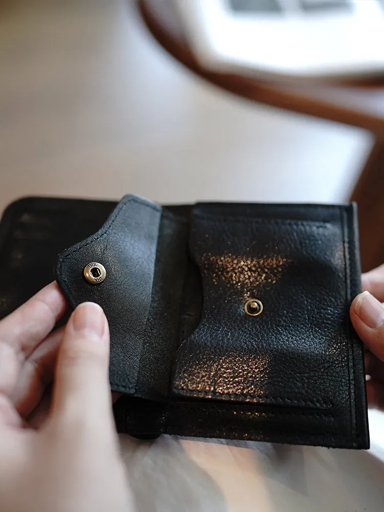 Cute Black Leather Womens Slim Small Wallet Classic Billfold Wallet With Buckle For Women