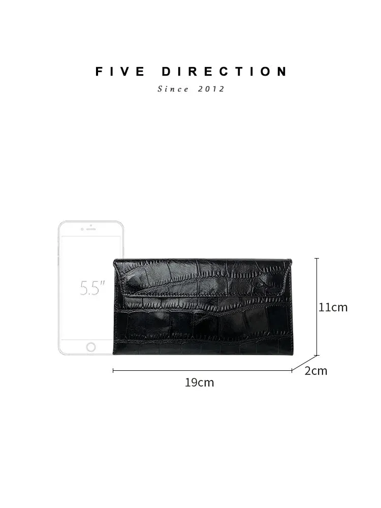 Cute Women Black Vegan Leather Long Wallet Crocodile Pattern Card Holder Clutch Wallet For Women