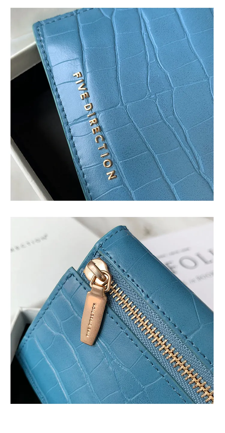 Cute Women Black Vegan Leather Small Billfold Wallet Card Holder Crocodile Pattern Slim Card Wallets For Women