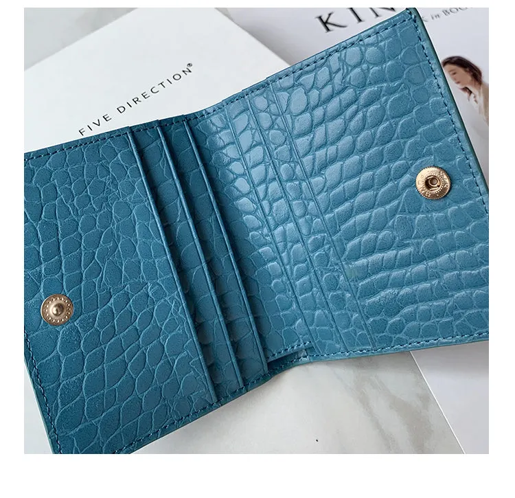 Cute Women Black Vegan Leather Small Billfold Wallet Card Holder Crocodile Pattern Slim Card Wallets For Women