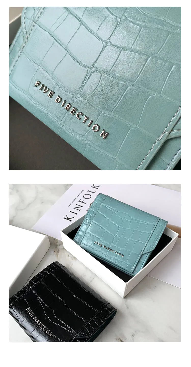 Cute Women Black Vegan Leather Small Billfold Wallet Card Holder Crocodile Pattern Slim Card Wallets For Women