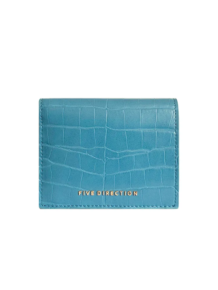 Cute Women Blue Vegan Leather Small Billfold Wallet Card Holder Crocodile Pattern Slim Card Wallets For Women