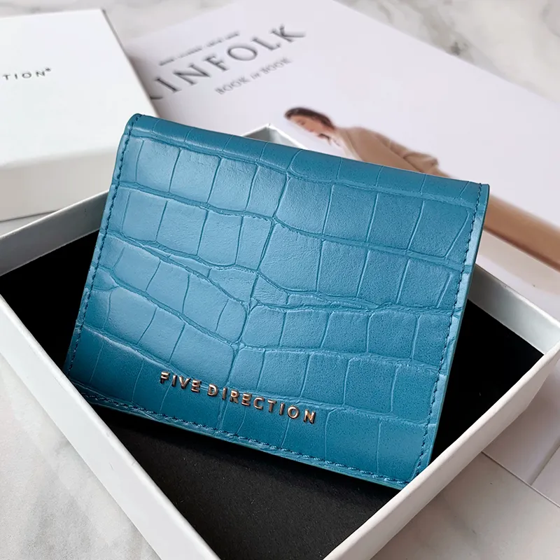 Cute Women Blue Vegan Leather Small Billfold Wallet Card Holder Crocodile Pattern Slim Card Wallets For Women