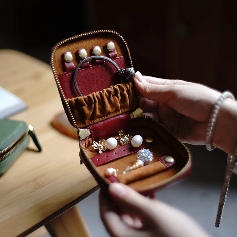 Cute Women Brown Leather Small Jewelry Organizer Mini Jewelry Portable Jewelry Storage Box For Women