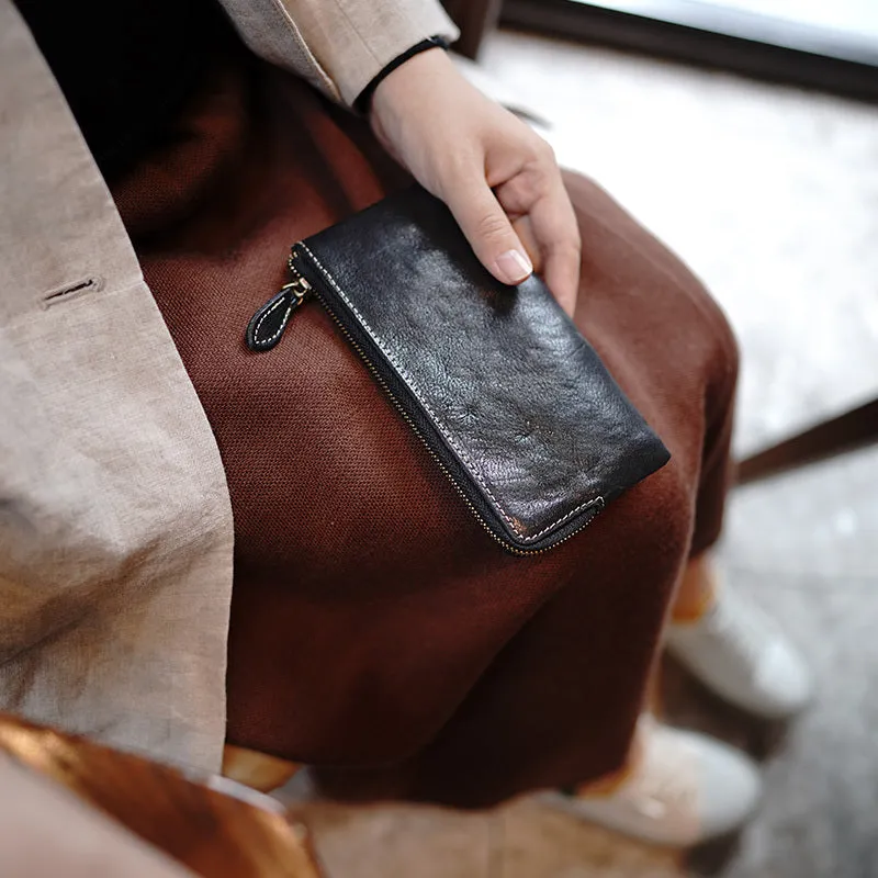 Cute Women Brown Zip Leather Wallet Zip Clutch Wallet Slim Zip Wallet For Women