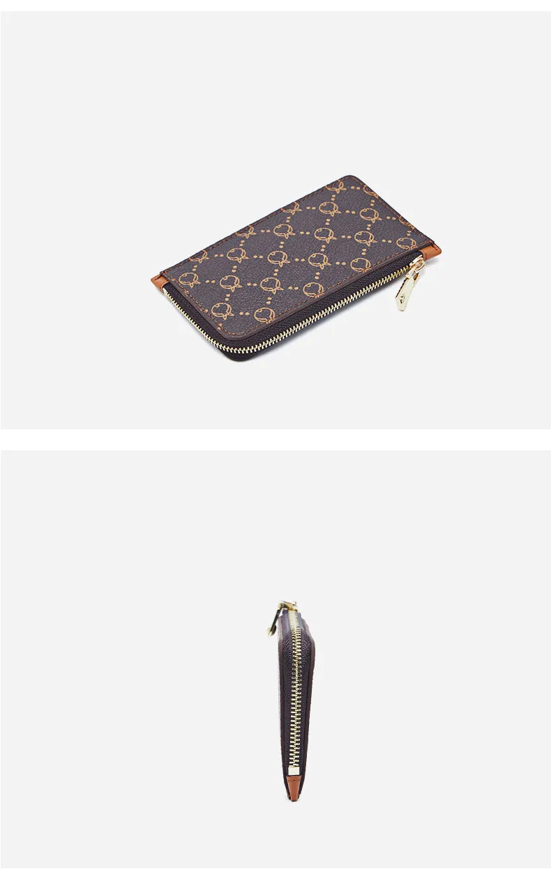 Cute Women Coffee Vegan Leather Slim Zipper Wallet Small Card Holder Change Wallet For Women