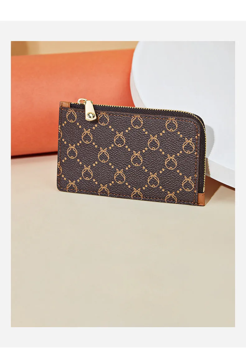 Cute Women Coffee Vegan Leather Slim Zipper Wallet Small Card Holder Change Wallet For Women