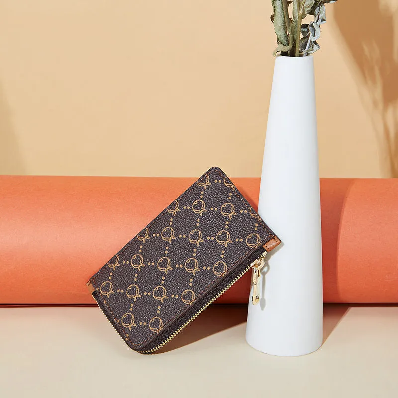 Cute Women Coffee Vegan Leather Slim Zipper Wallet Small Card Holder Change Wallet For Women