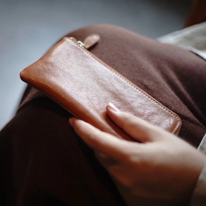 Cute Women Coffee Zip Leather Wallet Zip Clutch Wallet Slim Zip Wallet For Women
