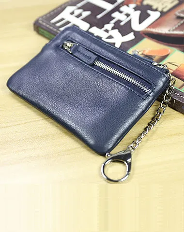 Cute Women Green Leather Mini Zip Billfold Wallet with Keychain Navy Coin Wallet Small Zip Change Wallet For Women