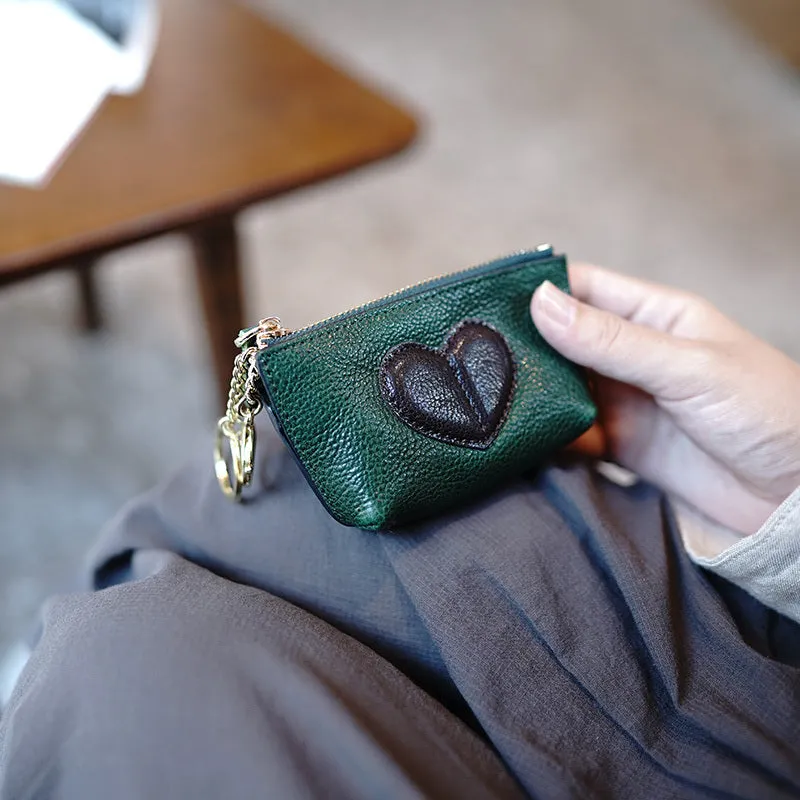 Cute Women Green Leather Zip Coin Wallet with Keychains Heart Keys Wallet Small Zip Change Wallet For Women