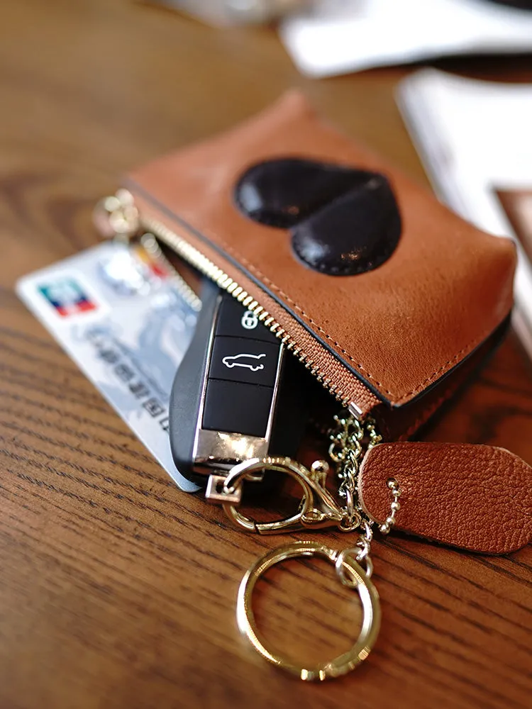 Cute Women Green Leather Zip Coin Wallet with Keychains Heart Keys Wallet Small Zip Change Wallet For Women