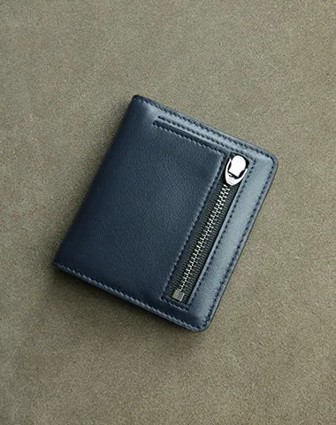 Cute Women Navy Leather Small Bifold Wallet Billfold Wallet with Coin Pocket For Women