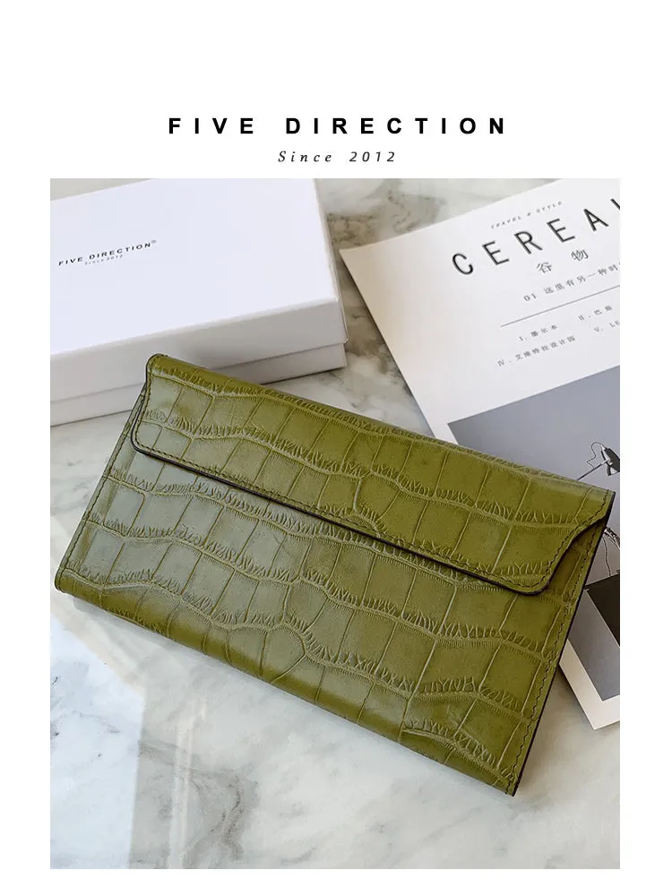 Cute Women Red Vegan Leather Long Wallet Crocodile Pattern Card Holder Clutch Wallet For Women