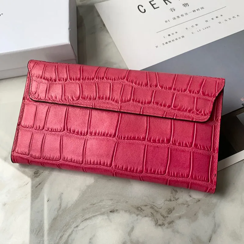 Cute Women Red Vegan Leather Long Wallet Crocodile Pattern Card Holder Clutch Wallet For Women