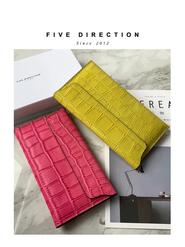 Cute Women Red Vegan Leather Long Wallet Crocodile Pattern Card Holder Clutch Wallet For Women