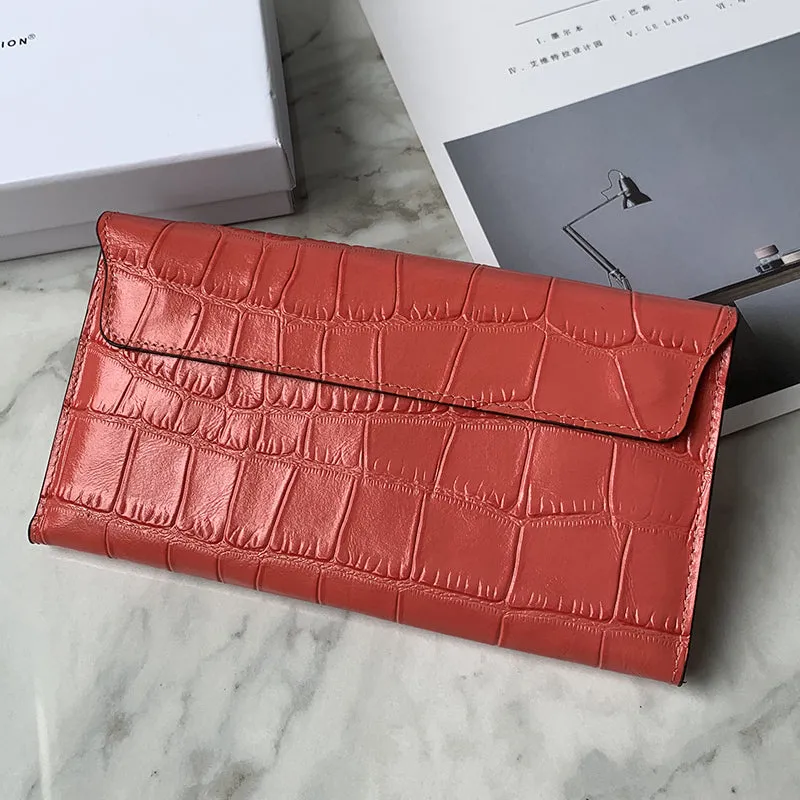Cute Women Red Vegan Leather Long Wallet Crocodile Pattern Card Holder Clutch Wallet For Women