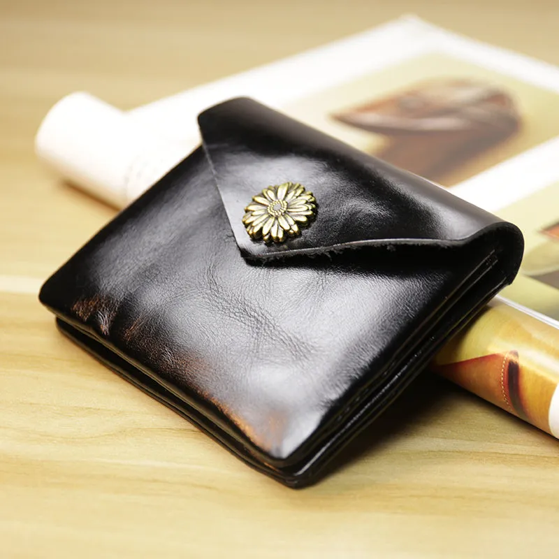 Cute Women Sunflower Black Leather Mini Billfold Wallet Coin Wallets Slim Change Wallets For Women