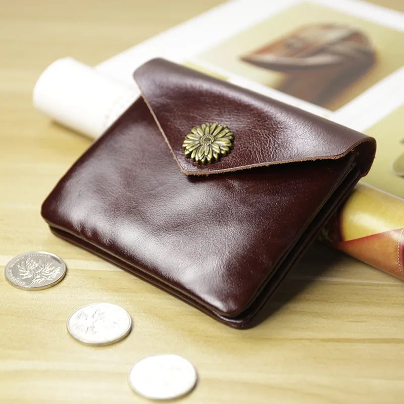 Cute Women Sunflower Navy Leather Mini Billfold Wallet Coin Wallets Slim Change Wallets For Women