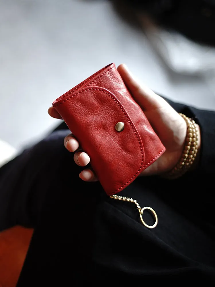 Cute Women Tan Leather Mini Wallet with Keychain Billfold Minimalist Coin Wallet Small Zip Change Wallet For Women