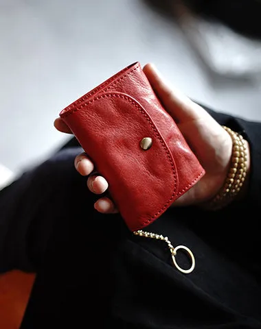 Cute Women Tan Leather Mini Wallet with Keychain Billfold Minimalist Coin Wallet Small Zip Change Wallet For Women