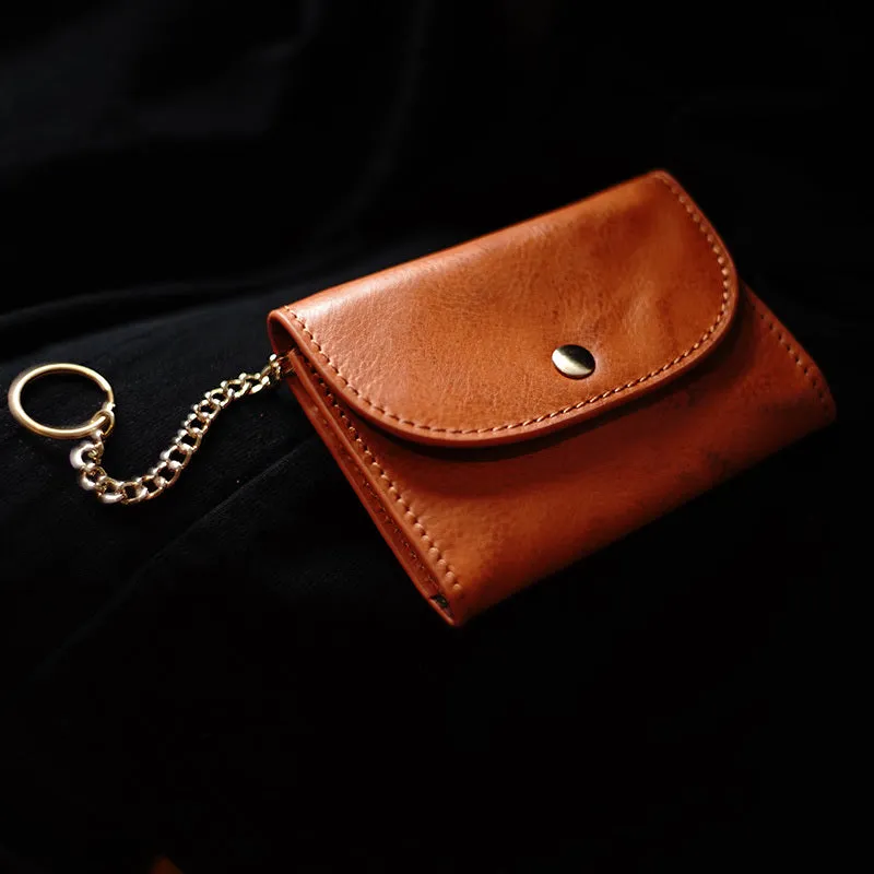 Cute Women Tan Leather Mini Wallet with Keychain Billfold Minimalist Coin Wallet Small Zip Change Wallet For Women
