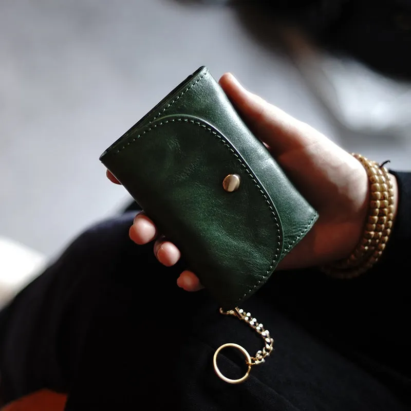 Cute Women Tan Leather Mini Wallet with Keychain Billfold Minimalist Coin Wallet Small Zip Change Wallet For Women