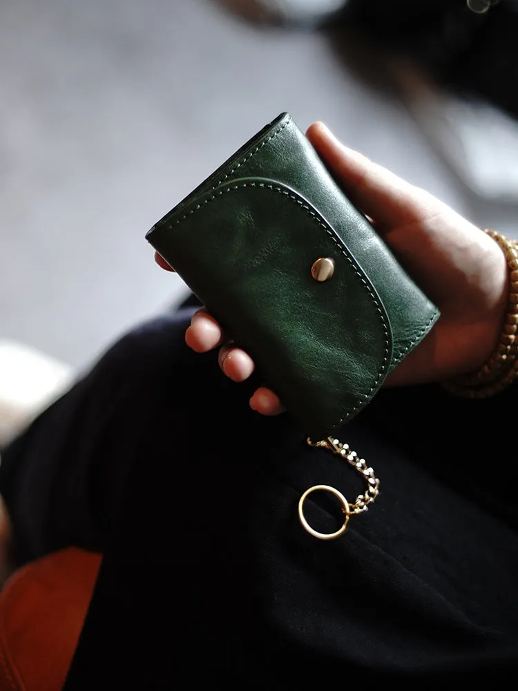 Cute Women Tan Leather Mini Wallet with Keychain Billfold Minimalist Coin Wallet Small Zip Change Wallet For Women