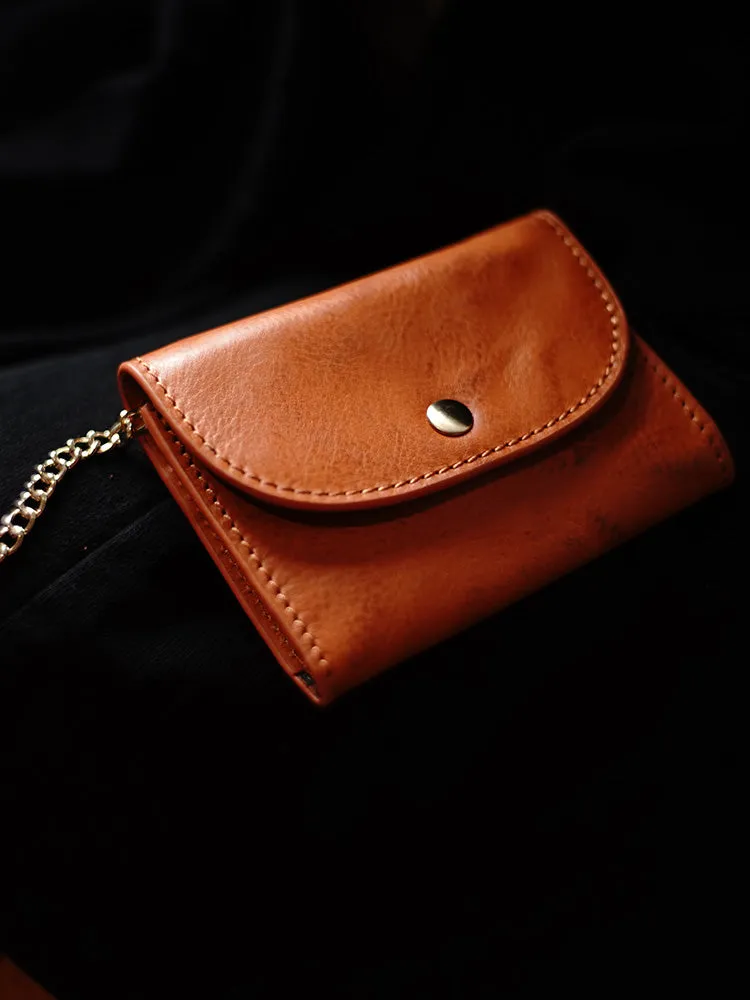 Cute Women Tan Leather Mini Wallet with Keychain Billfold Minimalist Coin Wallet Small Zip Change Wallet For Women