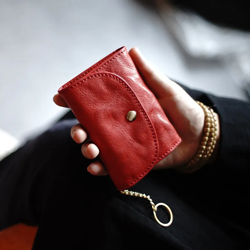 Cute Women Tan Leather Mini Wallet with Keychain Billfold Minimalist Coin Wallet Small Zip Change Wallet For Women