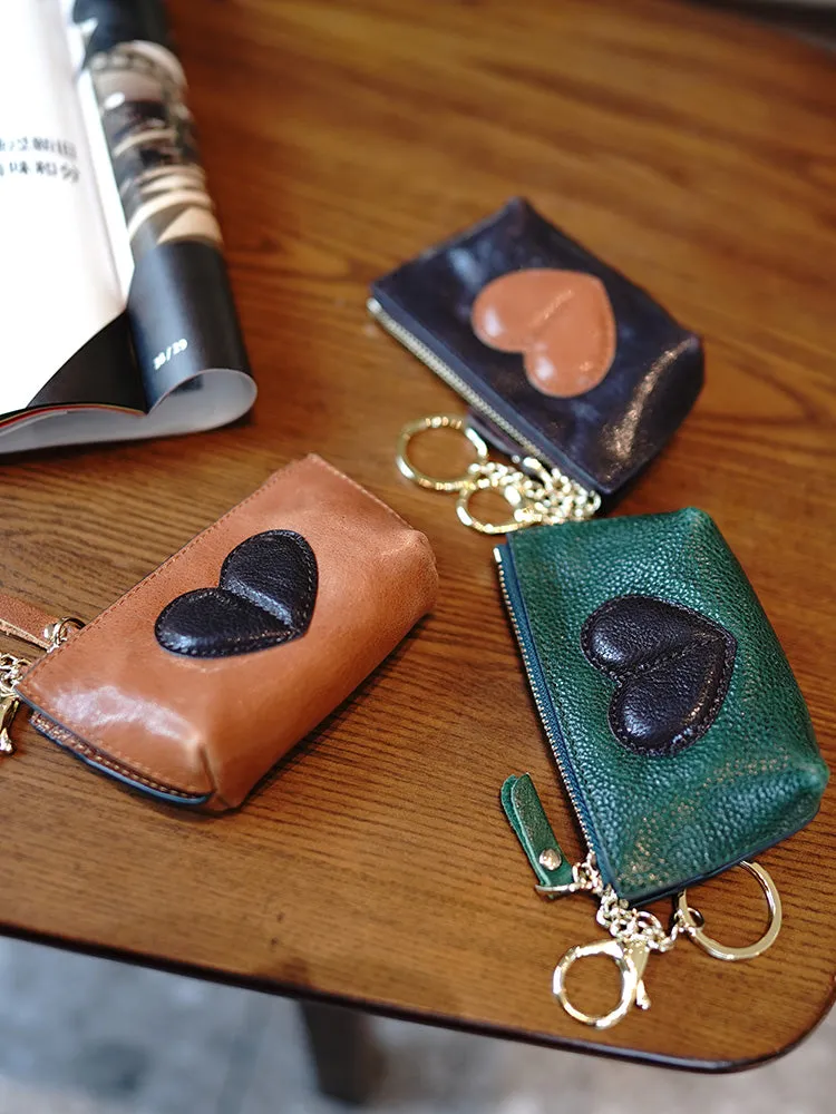 Cute Women Tan Leather Zip Coin Wallet with Keychains Heart Keys Wallet Small Zip Change Wallet For Women