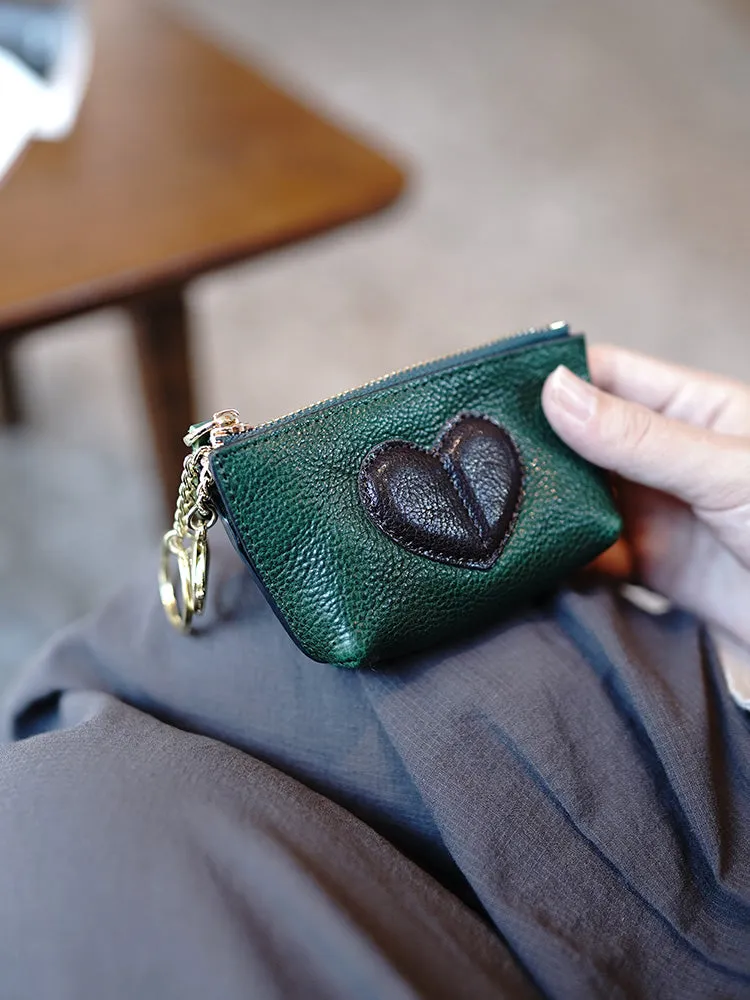 Cute Women Tan Leather Zip Coin Wallet with Keychains Heart Keys Wallet Small Zip Change Wallet For Women