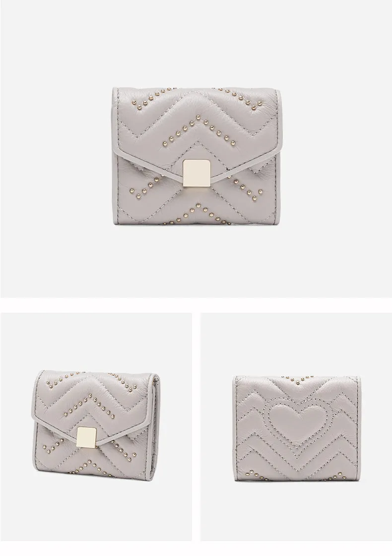 Cute Womens Gray Leather Small Wallet with Rivets Billfold Slim Small Wallet For Women