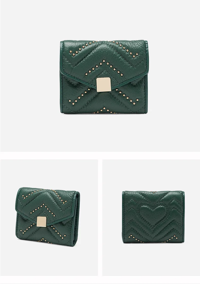 Cute Womens Green Leather Small Wallet with Rivets Billfold Slim Small Wallet For Women