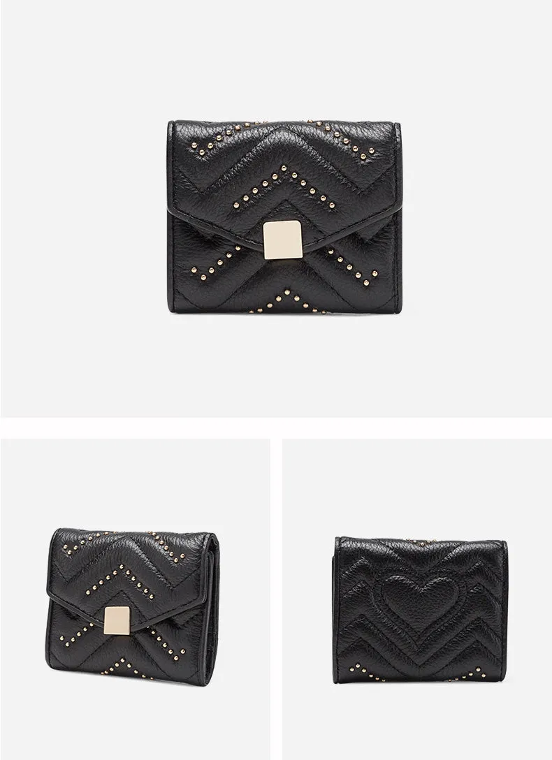Cute Womens Green Leather Small Wallet with Rivets Billfold Slim Small Wallet For Women