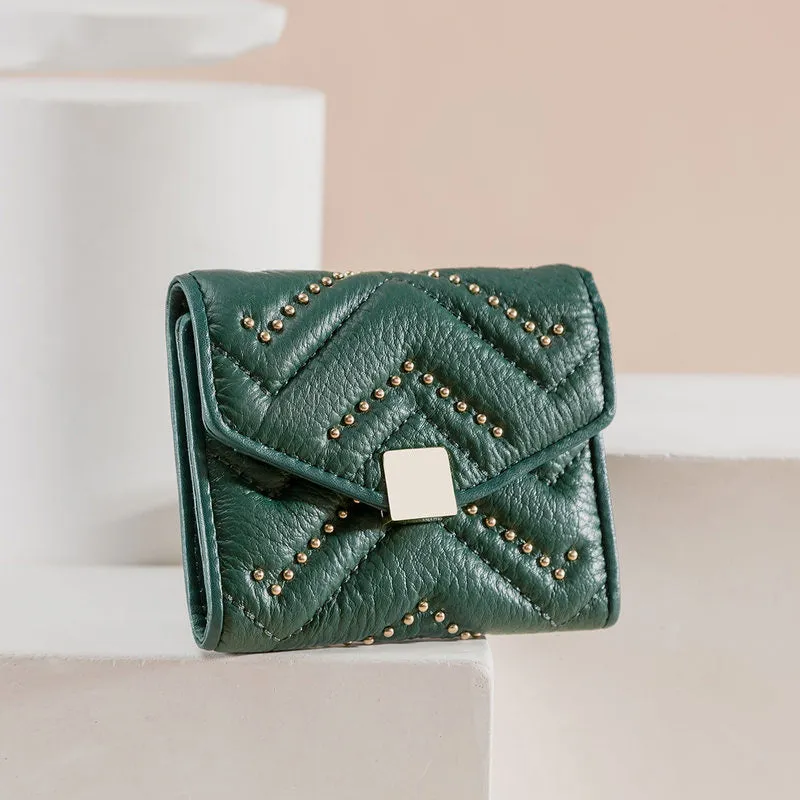 Cute Womens Green Leather Small Wallet with Rivets Billfold Slim Small Wallet For Women