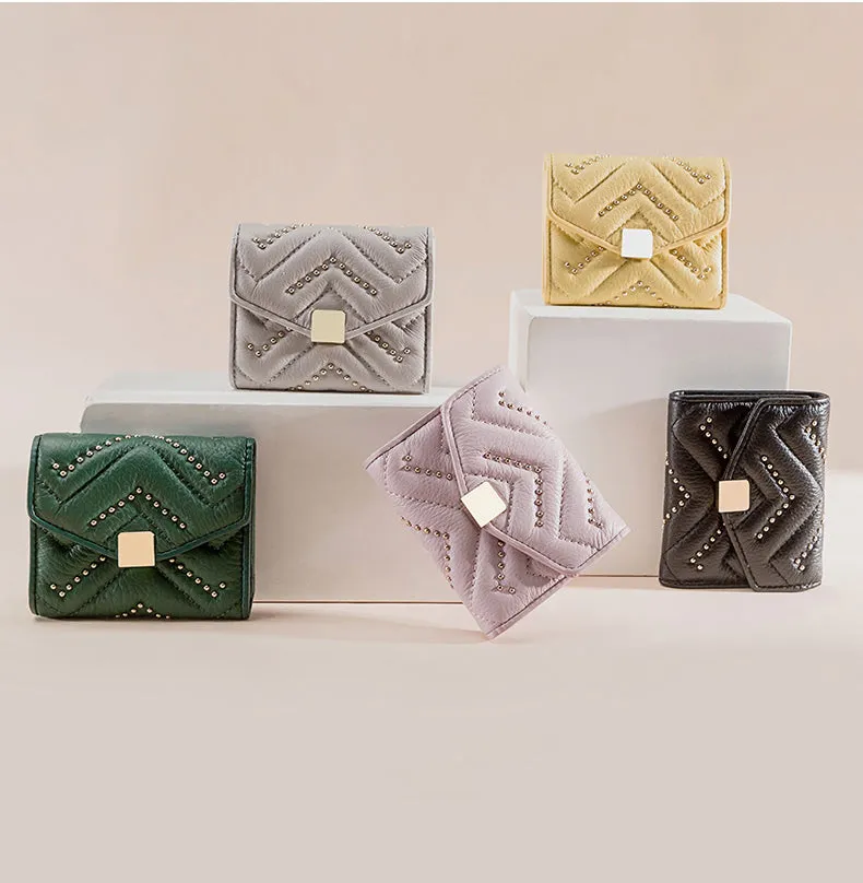 Cute Womens Green Leather Small Wallet with Rivets Billfold Slim Small Wallet For Women