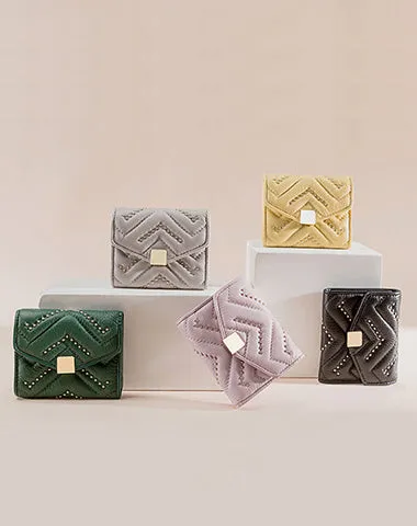 Cute Womens Green Leather Small Wallet with Rivets Billfold Slim Small Wallet For Women