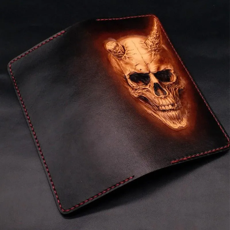 Dark Coffee Handmade Tooled Smiling Skull Leather Mens Bifold Long Wallet Clutch For Men