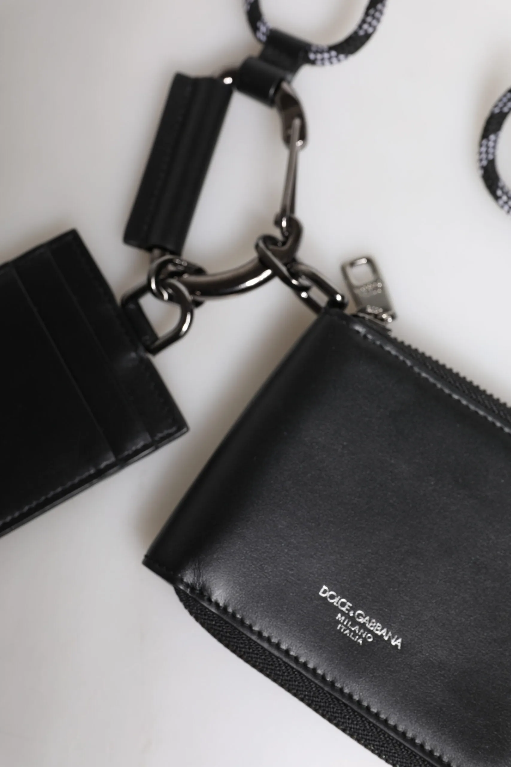 Dolce & Gabbana Black Leather Lanyard Zip Around Card Holder Wallet