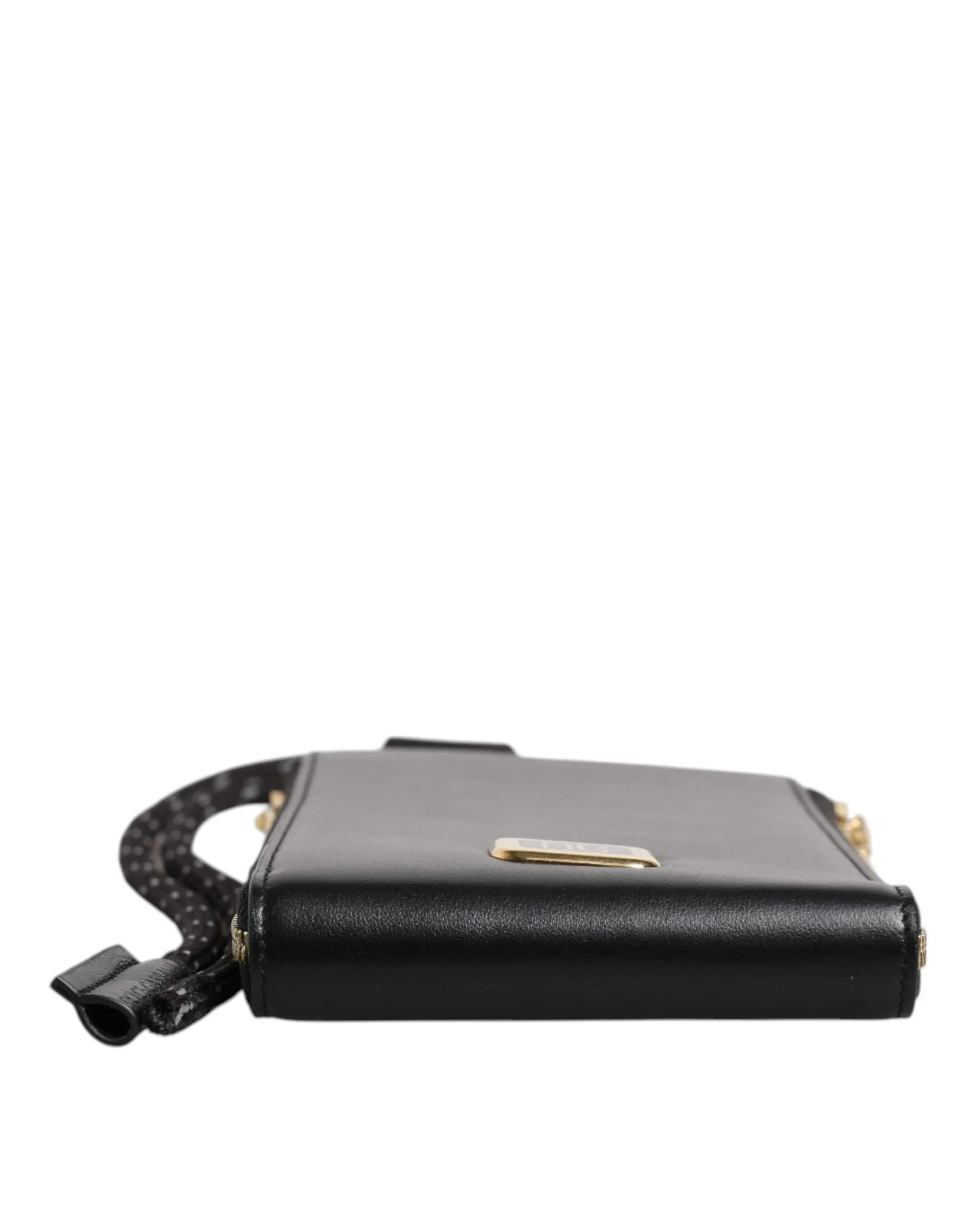 Dolce & Gabbana Black Leather Logo Plaque Neck Strap Card Coin Wallet