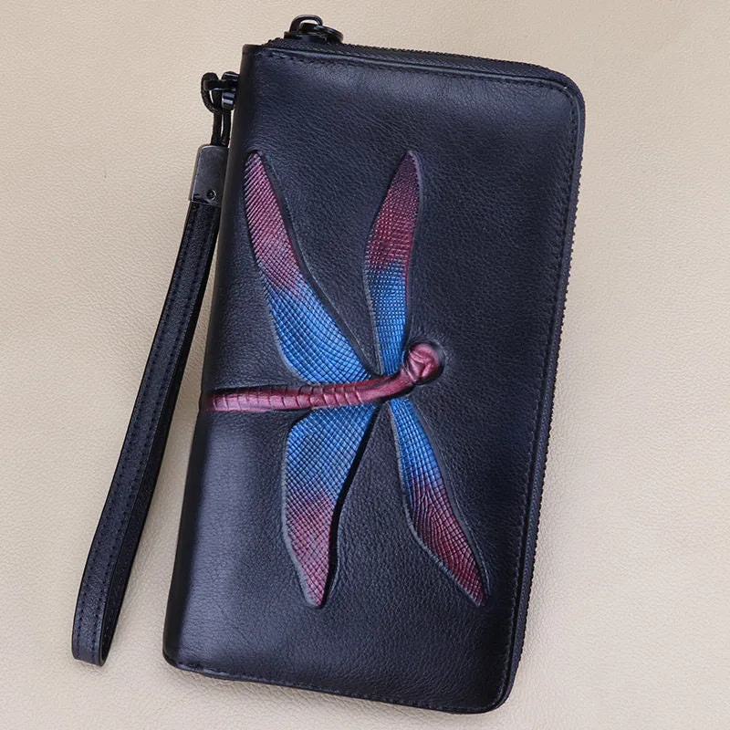 Dragonfly Gray Leather Wristlet Wallets Womens Zip Around Wallet Ladies Zipper Clutch Wallets for Women