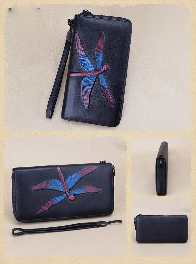 Dragonfly Gray Leather Wristlet Wallets Womens Zip Around Wallet Ladies Zipper Clutch Wallets for Women