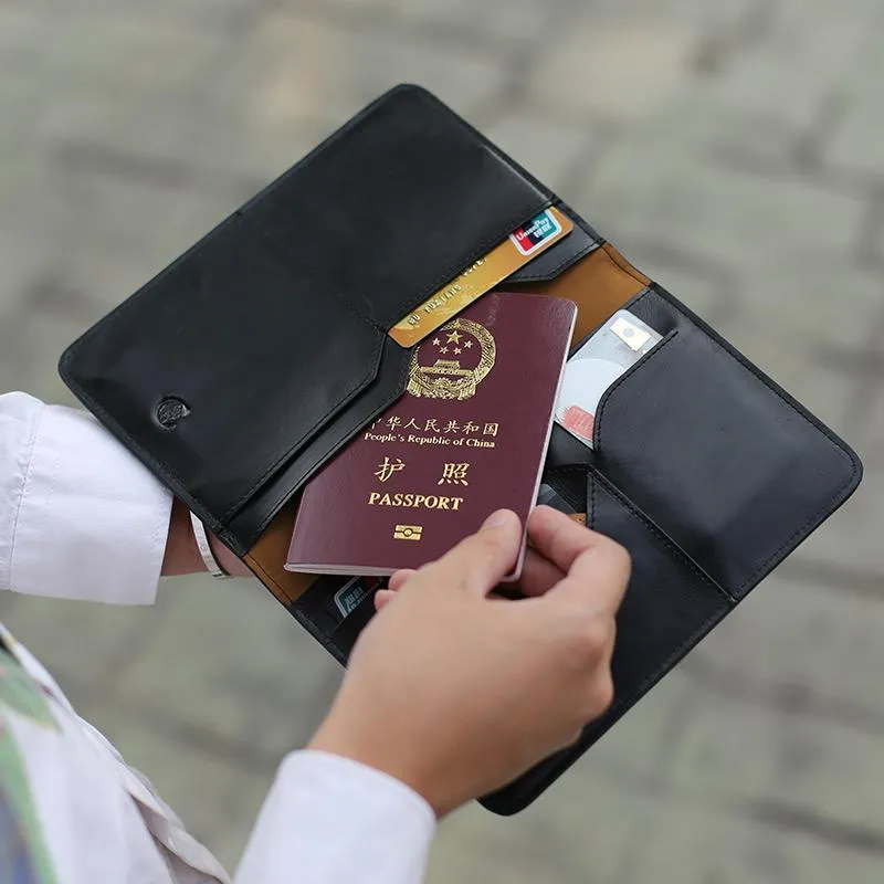 Fashion Leather Men's Black Bifold Long Wallet Passport Wallet Travel Wallet For Men