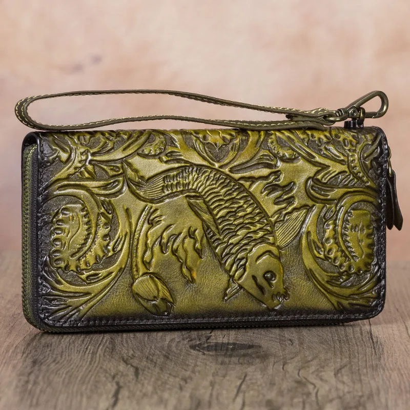 Floral Carp Green Leather Wristlet Wallets Womens Zip Around Wallet Floral Ladies Zipper Clutch Wallets for Women