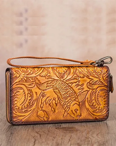 Floral Carp Green Leather Wristlet Wallets Womens Zip Around Wallet Floral Ladies Zipper Clutch Wallets for Women