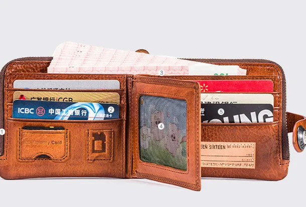 Genuine leather billfold wallet men zip multi cards vintage wallet for men