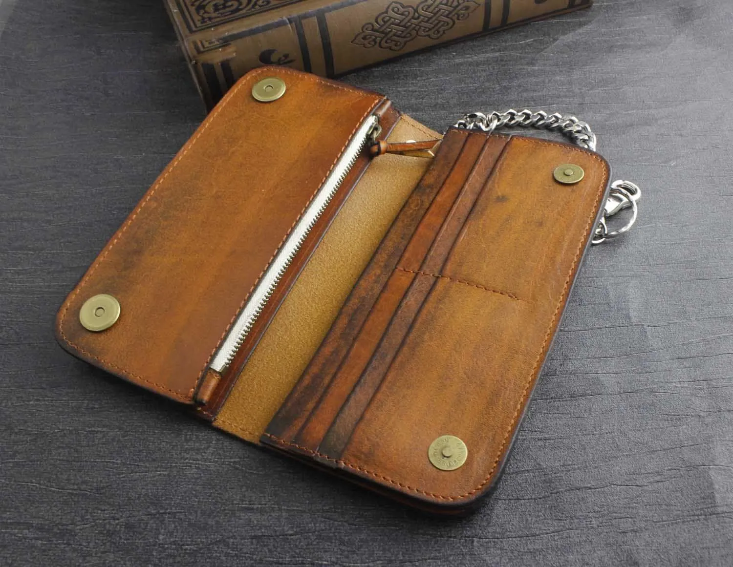 Genuine Leather Mens Chain Wallet Biker Wallet Cool Leather Wallet Long Trucker Wallets for Men